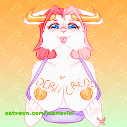 anthro breasts carrot female financial_domination food freckles fur hair pasties pink_hair plant presenting solo text tongue tongue_out vegetable white_body white_fur mamavixy bovid bovine cattle lagomorph leporid mammal rabbit gold pink 1:1 hi_res url