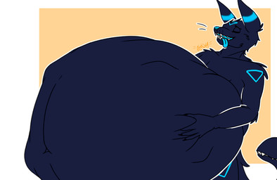 abdominal_bulge anthro belly big_belly black_body black_fur blue_body blue_fur eyes_closed fur huge_belly hyper hyper_belly male male_pred same_size_vore struggling struggling_prey tail tail_mouth tongue tongue_out unusual_anatomy unusual_tail vore g3xa nintendo pokemon eeveelution generation_2_pokemon pokemon_(species) umbreon 2d_animation animated animated_gif motion_tweening short_playtime