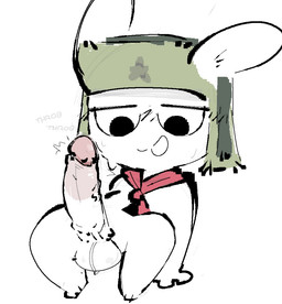 anthro balls big_penis blush clothing fur genitals hat headgear headwear looking_at_genitalia male penis scarf sitting solo text white_body white_fur hachi92828 mitu_(xiaomi) lagomorph leporid mammal rabbit
