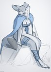 anthro bandage bandaged_leg bandeau bottomless clipped_ear cloak clothed clothing ear_scar female missing_ear notched_ear scar solo topwear lizet piper_(lizet) canid canine canis coyote mammal 2022 hi_res monochrome