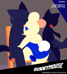 anthro between_legs big_butt black_body blue_eyes blush bodily_fluids butt duo group looking_back overweight playboy_outfit reaching spread_legs spreading sweat tan_body text thick_thighs tongue tongue_out toony navipal bunnymouse domestic_cat felid feline felis mammal mouse murid murine rodent english_text hi_res