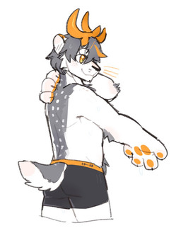 anthro antlers black_bottomwear black_clothing black_nose black_underwear bottomwear closed_smile clothed clothing fur glistening glistening_eyes grey_hair hair horn male markings mouth_closed multicolored_hair orange_antlers orange_eyes orange_hair orange_pawpads pawpads simple_background smile solo spots spotted_back spotted_body spotted_fur standing three-quarter_view topless two_tone_hair underwear unsigned white_background white_spots asnnonaka uu_(asnnonaka) deer felid hybrid mammal portrait three-quarter_portrait
