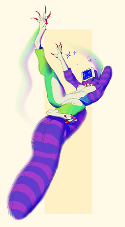 anthro claws collar curling_toes electronics featureless_chest featureless_crotch feet finger_claws for_a_head fur green_body green_fur lying male male_anthro on_back purple_body purple_fur red_claws screen screen_face simple_background solo spread_toes striped_body striped_fur stripes tan_background television toe_claws toes entitycore mammal object_head screen_head tv_head hi_res female_(lore)