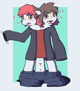 2_heads ambiguous_gender anthro blush bottomwear bottomwear_down brown_eyes brown_hair clothed clothing conjoined front_view fused_legs hair interrobang kemono looking_at_another merging mitosis multi_head open_mouth pants pants_around_ankles pants_down partially_clothed question_mark red_hair shadow simple_background solo standing topwear transformation triped yellow_eyes oagoner nintendo pokemon cherry_(sylve0n) generation_4_pokemon land_forme_shaymin legendary_pokemon pokemon_(species) shaymin sky_forme_shaymin 2025 colored