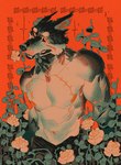 anthro ears_back eyebrows flower flower_in_mouth looking_at_viewer male muscular pivoted_ears plant red_background red_eyes rose_(flower) scar shirtless_male shrub simple_background solo standing thick_eyebrows bigsquidman canid canine canis mammal wolf digital_drawing_(artwork) digital_media_(artwork) hi_res