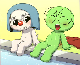 animal_genitalia anthro blush casual_nudity cloaca duo eyewear fur genital_slit genitals glasses green_body looking_aside male nipples penis poolside red_nose shell staring_at_pelvis swimming_pool towel water wet wet_body wet_fur wet_skin white_body white_fur young young_anthro young_male polygon5 playkids junior_(playkids) theo_(playkids) canid canine canis domestic_dog mammal reptile scalie turtle