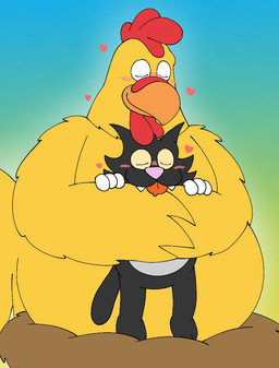 anthro black_body black_fur blush duo eyes_closed fangs feathers fur gradient_background grey_body grey_fur hands_on_arms heart_symbol hug male nest simple_background teal_background teeth tongue tongue_out yellow_body yellow_feathers pt80s0up family_guy ernie_the_giant_chicken scratchy_(the_simpsons) avian bird chicken domestic_cat felid feline felis galliform mammal phasianid