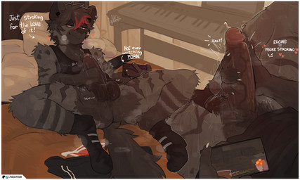 anthro balls big_penis biped black_body black_fur black_tail bodily_fluids casual_masturbation clothing detailed_background edging electronics erection fingers footwear foreskin fur genital_fluids genitals gooning hair heart_symbol holding_object holding_phone humanoid_genitalia humanoid_penis male male_anthro masturbation penile penile_masturbation penis phone precum smile socks solo tail topwear yellow_eyes nick7005 microsoft minecraft mojang xbox_game_studios hyena mammal hi_res
