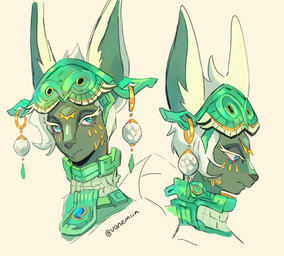 anthro blonde_highlights blue_eyes clothing eyelashes facial_markings female fur green_body green_fur hair head_markings headgear headwear highlights_(coloring) long_ears long_eyelashes long_neck looking_aside looking_down markings multicolored_body multicolored_fur narrowed_eyes neckwear pointy_ears short_hair simple_background solo two_tone_body two_tone_fur white_body white_fur white_hair vanemiin nintendo tears_of_the_kingdom the_legend_of_zelda mineru mammal zonai bust_portrait digital_drawing_(artwork) digital_media_(artwork) hi_res portrait