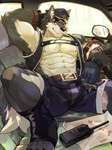 abs anthro belt biped bottomwear car_interior clothing electronics hat headgear headwear inner_ear_fluff looking_at_viewer male muscular muscular_anthro muscular_male nipples radio solo tuft kitai_su canid canine canis mammal wolf 2022 absurd_res hi_res