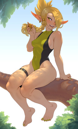 blonde_hair braided_hair breasts clothing collarbone ear_piercing ear_ring eyebrows eyelashes feet female female_humanoid freckled_face freckles green_eyes hair hair_over_eye humanoid_pointy_ears legband leotard looking_at_viewer medium_breasts navel_outline not_furry open_mouth open_smile piercing plant pointy_ears pose ring_piercing single_braid sitting smile smiling_at_viewer solo thighband tree cheshirrr ankama wakfu cleophee_(wakfu) cra elf humanoid mammal 2025 colored detailed digital_drawing_(artwork) digital_media_(artwork) hi_res shaded