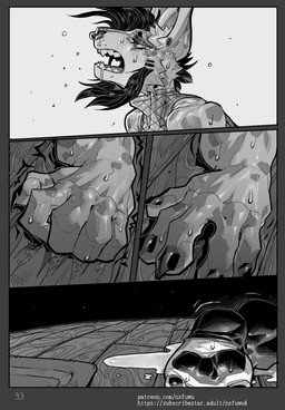 5_fingers anthro bodily_fluids claws clothing cum_pool drooling facial_piercing finger_claws fingers fishnet_clothing forced fur male markings nose_piercing pawpads piercing rape saliva sex solo spots spotted_body spotted_fur sweat sweaty_arms sweaty_hands sweaty_head text nsfuwu4 tokyo_ghoul brick_(nsfuwu4) hyena mammal 2025 absurd_res black_and_white comic english_text hi_res monochrome
