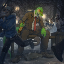 5_fingers anthro bottle business_suit clothing container drunk fingers group holidays large_group male necktie snow snowman solo_focus substance_intoxication suit tres-art christmas cregon alligator alligatorid canid canine canis crocodile crocodilian domestic_dog mammal reptile scalie wolf 1:1 absurd_res hi_res