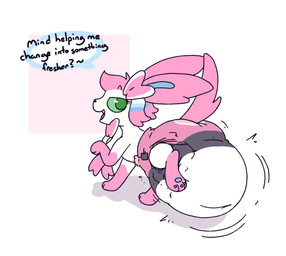 3_toes ambiguous_gender big_diaper black_nose blue_inner_ear blue_pawpads bow_(anatomy) clothed clothing dialogue diaper diaper_only fangs feces feet feral fur green_eyes green_sclera huge_diaper leg_markings markings multicolored_body multicolored_fur open_mouth open_smile pawpads pink_body pink_ears pink_fur pink_tail ribbons_(anatomy) simple_background smile socks_(marking) soiled_diaper soiling solo speech_bubble tail teeth text three-quarter_view tilde_after_text toes topless two_tone_body two_tone_fur unclean_diaper used_diaper walking wearing_diaper white_body white_fur boredomwithfriends nintendo pokemon eeveelution generation_6_pokemon pokemon_(species) sylveon 2026 english_text full-length_portrait hi_res portrait
