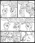 2012 angry applejack_(mlp) black_and_white black_border border clothed clothing comic cowboy_hat cutie_mark dialogue digital_media_(artwork) earth_pony english_text equid equine female feral freckles friendship_is_magic fur group hair hasbro hat headgear headwear horn horse mammal metal_(artist) monochrome my_little_pony mythological_creature mythological_equine mythology pony rarity_(mlp) simple_background text twilight_sparkle_(mlp) unicorn white_background