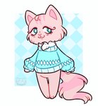 :3 anthro clothing eyelashes female fluffy fluffy_tail fur paws pink_body pink_fur smile solo standing sweater tail toony topwear nullkunstt animal_crossing hasbro littlest_pet_shop nintendo lps_460 domestic_cat felid feline felis mammal persian_cat tabby_cat hi_res