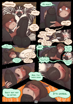 8_panel_comic anthro ball_fondling balls bedroom_eyes belt big_penis black_penis black_stripes blush bodily_fluids bottomwear brown_body brown_hair clothed clothing color_coded color_coded_speech_bubble color_coded_text dialogue duo erection eyes_closed eyewear fellatio fondling genital_fluids genitals glans glasses green_eyes hair half-moon_glasses hand_on_penis heart_symbol humanoid_genitalia humanoid_penis leaking_precum licking looking_pleasured male male/male narrowed_eyes navel oral page_number pants penile penis penis_in_mouth penis_lick precum profanity seductive sex speech_bubble stripes sweat text tongue topless topless_anthro topless_male white_body azathura charlie_(azathura) thayne_(azathura) equid equine horse mammal zebra comic english_text hi_res multiple_scenes