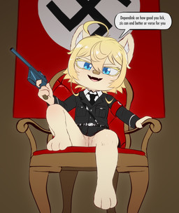 3_toes ahoge anthro bad_trigger_discipline blonde_hair blue_eyes bodily_fluids bottomless bottomless_female chair claws clothed clothing cute_fangs fangs feet female fluffy furniture genital_fluids genitals hair innie_vulva loli looking_at_viewer mauser_c96 military_uniform nazi nazi_flag nazi_uniform necktie peril pose solo swastika talking_to_viewer teeth text threatening_violence threatening_with_weapon toes uniform vaginal_fluids vulva young e254e the_saga_of_tanya_the_evil tanya_degurechaff canid canine canis domestic_dog mammal absurd_res colored detailed digital_drawing_(artwork) digital_media_(artwork) english_text hi_res shaded