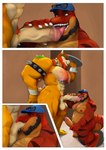 anthro duo fellatio genitals humanoid_genitalia humanoid_penis male male/male muscular muscular_male oral penile penis sex waiter zopanda mario_bros nintendo bowser tiran dinosaur koopa prehistoric_species reptile scalie theropod tyrannosaurid tyrannosauroid tyrannosaurus absurd_res comic hi_res