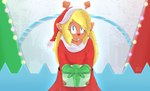 anthro antlers blonde_hair blue_eyes buckteeth christmas_clothing christmas_decorations christmas_headwear christmas_lights clothing female freckles gift hair hat headgear headwear holding_object holding_present holidays horn long_hair open_mouth red_clothing red_nose santa_hat simple_background smile solo teeth bingbingo_(artist) christmas deltarune undertale_(series) noelle_holiday deer mammal new_world_deer reindeer hi_res signature