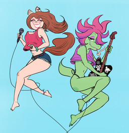 anthro barefoot belt bottomwear breasts brown_hair cigarette cigarette_in_mouth clothing duo electric_guitar electronics feet female green_body guitar hair holding_guitar holding_microphone holding_musical_instrument holding_object looking_at_viewer microphone musical_instrument navel object_in_mouth pink_hair plucked_string_instrument red_clothing red_topwear shorts smile string_instrument tail topwear under_boob elnikochoro equid equine horse lizard mammal reptile scalie 2024 digital_media_(artwork) hi_res