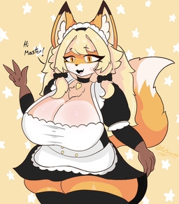 :3 absolute_territory anthro apron big_breasts black_clothing black_dress black_nose breasts brown_hands cleavage clothed clothing dress ears_up female fur huge_breasts inner_ear_fluff maid_uniform master open_:3 orange_body orange_eyes orange_fur raised_tail simple_background skindentation smile solo standing star_print tail text thick_thighs tuft uniform white_apron white_body white_clothing white_fur wide_hips yellow_background salchikokokoko canid canine fox mammal english_text hi_res