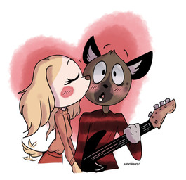 alexdraw30 black_eyes blush duo eyebrows eyelashes eyes_closed female guitar kissing male male/female musical_instrument plucked_string_instrument romantic simple_background string_instrument tail tail_aside aggretsuko sanrio haida_(aggretsuko) inui_(aggretsuko) canid canine canis domestic_dog hyena mammal 2024 colored hi_res spanish_description textless