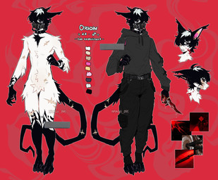 anthro belt black_belt black_bottomwear black_clothing black_hair black_hoodie black_pants black_topwear blood bodily_fluids bottomwear chest_scar clothing fur gas_mask hair hip_scar holding_knife holding_object hoodie knife male mask pants scar slim_anthro slim_male solo standing tail_scar topwear white_body white_fur miracle_b0y felid feline lynx mammal absurd_res hi_res model_sheet