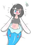 anthro bed bed_sheet bedding black_bra black_clothing black_sports_bra black_underwear blue_body blue_eyes blue_skin blush bra clothing fangs female fin furniture grey_eyes grey_hair hair mid_transformation mouth_closed on_bed pink_nose pokemon_transformation smile solo species_transformation sports_bra teary_eyes teeth transformation underwear ssd_ng nintendo pokemon selene_(pokemon) generation_7_pokemon human mammal pokemon_(species) primarina absurd_res hi_res