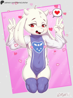 aged_down anthro biped blush clothed clothing female floppy_ears fur gesture hand_gesture head_tuft heart_symbol horn kneeling legwear looking_at_viewer navel navel_outline nipples red_eyes shirt smile smiling_at_viewer solo stockings text tongue topwear tuft tunic underwear v_sign white_body white_fur young young_anthro young_female ultama_lokshar_(artist) undertale undertale_(series) toriel boss_monster_(undertale) bovid caprine goat mammal alternate_version_at_paywall censored hi_res tagme uncensored_version_at_paywall url