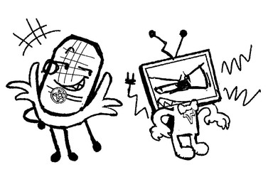 ambiguous_gender angry cord_tail corn duo electronics food for_a_head grin plant screen screen_face smile teeth television clockstops3am conditional_dnp stonerobjectum hazbin_hotel hellaverse object_shows vox_(hazbin_hotel) animate_inanimate object_head screen_head tv_head 2025 black_and_white crossover monochrome sketch