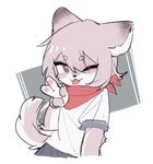 :3 ambiguous_gender anthro blush clothing fur gesture grey_body grey_eyes grey_fur grey_hair hair hand_gesture kemono kerchief looking_at_viewer neckerchief neckwear one_eye_closed red_kerchief shirt simple_background smile solo tongue tongue_out topwear v_sign white_body white_clothing white_fur white_shirt white_topwear wink crayon_(artist) mr.quin canid canine canis domestic_dog mammal 2022 hi_res