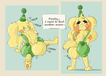 anthro autofellatio balls big_balls big_penis bodily_fluids cock_vore cum cum_on_penis cum_vore digestion feet forced genital_fluids genitals male male_pred masturbation oral oral_masturbation paws penile penile_masturbation penis soles solo text vore yellow_body badartist mob_entertainment poppy_playtime bunzo_bunny lagomorph leporid mammal rabbit absurd_res english_text hi_res