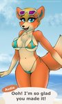 2020 animal_crossing anthro audie_(animal_crossing) beach bikini blue_eyes breasts canid canine canis clothing dialogue digital_media_(artwork) english_text eyewear female food_print header header_box hi_res mammal navel nintendo seaside solo stargazer sunglasses swimwear text text_header two-piece_swimsuit wolf