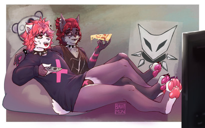 alternative_fashion angelbite_piercing anthro bean_bag bottomless bottomless_anthro bottomless_male bracelet bulge clothed clothing collar cuddling duo ear_piercing ear_ring eye_spots eyewear facial_piercing fangs femboy fishnet_clothing fishnet_gloves fishnet_handwear food fur glasses gloves hair half-closed_eyes handwear jewelry lip_piercing male male/male narrowed_eyes open_mouth open_smile pawpads paws piercing pink_pawpads pizza punk purple_body purple_fur red_hair red_pawpads ring_piercing shirt sitting sitting_on_ground smile spiked_bracelet spiked_collar spikes studded_bracelet studded_collar studded_jewelry studs t-shirt tank_top teeth thong topwear tv_remote underwear white_body white_fur cozymun munsy_(blaxat) rysoka bear felid feline giant_panda lynx mammal 16:10 absurd_res hi_res widescreen