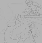 anthro docks female group imminent_attack imminent_fight male melee_weapon polearm seductive spear split_form trio water weapon boonedog twokinds keith_keiser natani zen_(twokinds) basitin canid canine canis hybrid mammal marine merfolk wolf monochrome sketch unavailable_at_source