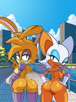 anthro areola armwear bat_wings big_breasts big_butt black_nose blue_eyes blue_eyeshadow breasts brown_areola brown_body brown_fur brown_nipples butt cheek_tuft clothing duo elbow_gloves eyelashes eyeshadow facial_tuft female fur genitals gloves gloves_only green_eyes hand_on_hip handwear handwear_only head_tuft looking_at_viewer looking_back looking_back_at_viewer makeup membrane_(anatomy) membranous_wings mostly_nude nipples nude open_mouth open_smile orange_body orange_fur prosthetic prosthetic_arm prosthetic_leg prosthetic_limb purple_eyeshadow purple_wings rear_view smile snaggle_tooth tan_body tan_fur thick_thighs tuft vulva white_body white_clothing white_fur white_gloves white_handwear wide_hips wings mobian_monster sega sonic_the_hedgehog_(series) bunnie_rabbot rouge_the_bat bat lagomorph leporid mammal rabbit absurd_res hi_res