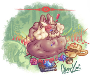 abdominal_bulge ambiguous_gender ambiguous_prey anthro anthro_pred arm_tuft backpack being_watched belly berry big_belly big_butt big_ears brown_body brown_fur butt churn cotton_tail digestion digestion_noises duo eyelashes eyes_closed female female_pred floppy_ears food forest fruit fur glowing glowing_eyes huge_belly hyper hyper_belly imminent_vore looking_at_another lop_ears lying narrowed_eyes on_front onomatopoeia outside overweight overweight_anthro overweight_female plant prey_outline red_eyes rumbling_stomach smile sound_effects struggling struggling_prey stuffing tan_body tan_fur text tree tuft vore wrist_tuft cherryuri nintendo pokemon alpha_pokemon generation_4_pokemon human lopunny mammal pokemon_(species) 2026 digital_drawing_(artwork) digital_media_(artwork) hi_res