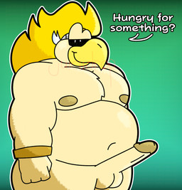 accessory anthro balls barazoku beak belly big_balls big_belly big_butt big_muscles big_pecs big_penis blonde_hair butt chest_tuft circumcised dialogue erection fist fur genitals gradient_background green_background hair headband looking_at_viewer male muscular muscular_arms narrowed_eyes navel nude nude_anthro nude_male outline overweight overweight_male pecs penis simple_background smile smiling_at_viewer smirk smirking_at_viewer solo standing tan_body tan_fur text thick_thighs tuft white_outline wristband wristband_only yellow_beak juiciidrop mario_bros nintendo paper_mario paper_mario:_the_thousand_year_door rawk_hawk accipitrid accipitriform avian bird 2026 absurd_res digital_drawing_(artwork) digital_media_(artwork) english_text hi_res shaded