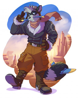 anthro blue_eyes blue_sky boots bottomwear brown_boots brown_bottomwear brown_clothing brown_footwear brown_pants brown_scarf clothing eyewear eyewear_on_head flight_jacket footwear goggles goggles_on_head looking_at_viewer male pants scarf shoes sky solo leo-artis fokker_(raccoon) mammal procyonid raccoon 4:5 hi_res