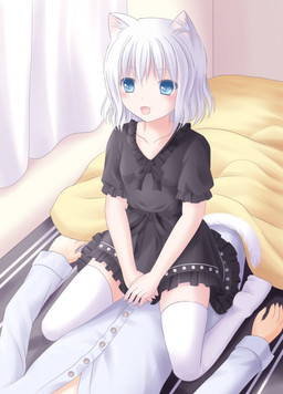 alternative_fashion bed black_clothing black_dress blue_eyes cat_tail clothing collarbone curtains dress duo fangs female female_on_bottom female_on_top footwear frilly furniture goth gothic_lolita grey_hair hair humanoid_pointy_ears inner_ear_fluff j-fashion kneeling kuro_lolita legwear lolita_(fashion) on_bottom on_top open_mouth pointy_ears short_hair sitting socks straddling teeth thigh_highs thigh_socks tuft wariza white_clothing white_legwear ikeda_yuuki animal_humanoid cat_humanoid felid felid_humanoid feline feline_humanoid human humanoid mammal mammal_humanoid hi_res