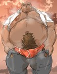 2022 anthro bear belly big_belly blush bodily_fluids bottomwear brown_body bulge clothed clothing cloud hi_res humanoid_hands kemono kotobuki male mammal moobs musk navel nipples open_clothing open_shirt open_topwear outside overweight overweight_male pants shirt solo sweat topwear underwear