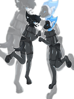 anthro bdsm black_body black_fur blue_body blue_eyes blue_fur butt clothing duo fur glistening glistening_body glistening_butt harness hooves latex latex_clothing latex_skinsuit machine male noharu11 on_one_leg petplay ponyplay raised_hoof roleplay saddle skinsuit standing tight_clothing domestic_cat felid feline felis mammal protogen 3:4 hi_res