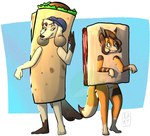 anthro clothed clothing costume duo female food food_costume lasagna pasta simple_background standing xolart keyla canid canine canis domestic_dog mammal hi_res