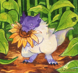 3_claws 8_eyes ambiguous_gender big_tail biped bipedal_feral claws day digitigrade dirt eating eating_flower facial_spikes featureless_crotch feral field flower flower_in_mouth fur leaf multi_eye no_pupils outside overweight overweight_ambiguous overweight_feral plant purple_claws purple_eyes purple_face short short_arms snout solo spikes spikes_(anatomy) standing stem sunflower tail thick_thighs white_body white_fur zuccnini mr._dinosir ambiguous_species dinosaur dromaeosaurid furred_scalie prehistoric_species reptile saurischian scalie theropod