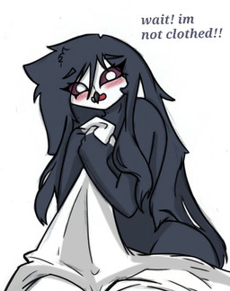 anthro bed_sheet bedding black_sclera blush covering covering_self dialogue embarrassed female hair long_hair looking_at_viewer nude simple_background small_waist solo talking_to_viewer text white_background wide_hips pace-maker hellaverse helluva_boss octavia_(helluva_boss) avian bird demon owl english_text