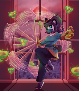anthro breasts broom cleaning_tool clothing female footwear gloves green_body green_eyes group handwear hat headgear headwear holding_broom holding_cleaning_tool holding_object inside looking_at_viewer mask on_one_leg plant shoes smile solo_focus standing tail tree window articaartes bear giant_panda mammal spirit 2025 digital_media_(artwork) hi_res