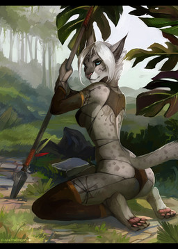 4_toes anthro athletic athletic_anthro athletic_female barefoot biped black_bars blue_eyes breasts butt clothed clothing day detailed_background facial_markings facial_piercing feet female frown fur grass grey_body grey_fur hair head_markings holding_object holding_weapon humanoid_feet humanoid_hands inner_ear_fluff kneeling leaf markings melee_weapon nose_piercing nose_ring outside pawpads piercing pink_pawpads plant plantigrade polearm rear_view ring_piercing rock scar septum_piercing shadow short_hair snout soles solo spear spots spotted_body spotted_fur toes tree tuft weapon white_hair juliathedragoncat kaley_(lynxer) felid feline lynx mammal 2017 full-length_portrait hi_res letterbox portrait signature