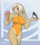 anthro breasts clothing countershade_legs countershade_thighs countershading dessert eyewear female food highleg_swimsuit holding_eyewear holding_object holding_sunglasses ice_cream ice_cream_cone nipple_outline one-piece_swimsuit red_eyes smile solo sunglasses suntan swimwear tan_body tan_line tan_skin tight_clothing turtleneck_swimsuit yellow_one-piece_swimsuit dalehan nibby domestic_rabbit lagomorph leporid lop_rabbit mammal oryctolagus rabbit 2009