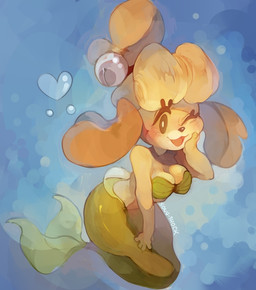 accessory alternate_species bra breasts bubble clothing female floppy_ears hair_accessory heart_symbol one_eye_closed open_mouth open_smile smile solo split_form tongue underwater underwear water wink sony-shock animal_crossing nintendo isabelle_(animal_crossing) aquatic canid canine canis domestic_dog mammal merfolk shih_tzu toy_dog 2021 signature